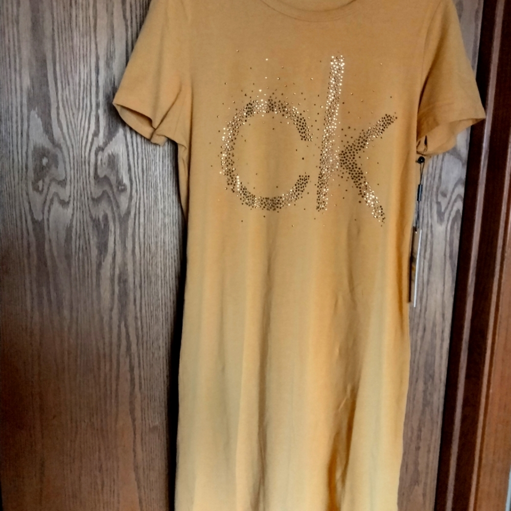 Calvin Klein knit short sleeve dress with gold crystals